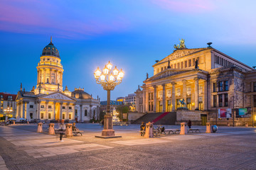 Fototapeta na wymiar Panoramic view of famous Gendarmenmarkt square at sunset in Berlin