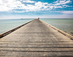 Wooden pier of free space for your decoration and blue sky with ocean landscape 