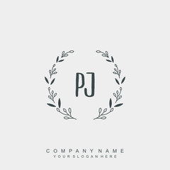 letter PJ surrounded by beautiful and elegant flowers and leaves. Wedding monogram logo template.