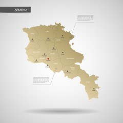 Stylized vector Armenia map.  Infographic 3d gold map illustration with cities, borders, capital, administrative divisions and pointer marks, shadow; gradient background. 