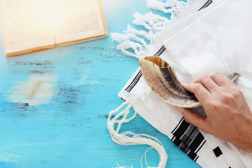 religion image of Prayer Shawl - Tallit, Prayer book and Shofar (horn) jewish religious symbols....