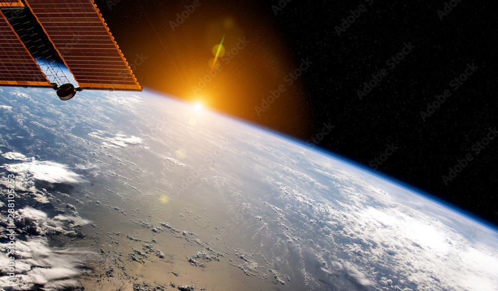 Aufkleber view of planet earth from a space station window during a sunrise 3d rendering elements of this imag