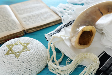 religion image of Prayer Shawl - Tallit, Prayer book and Shofar (horn) jewish religious symbols....