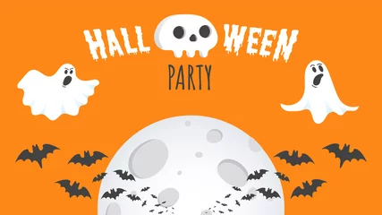 Fotobehang Happy Halloween tekst briefkaart banner met spoken eng gezicht, menselijke schedel en tekst happy halloween geïsoleerd op oranje achtergrond vlakke stijl ontwerp. © Konstantin