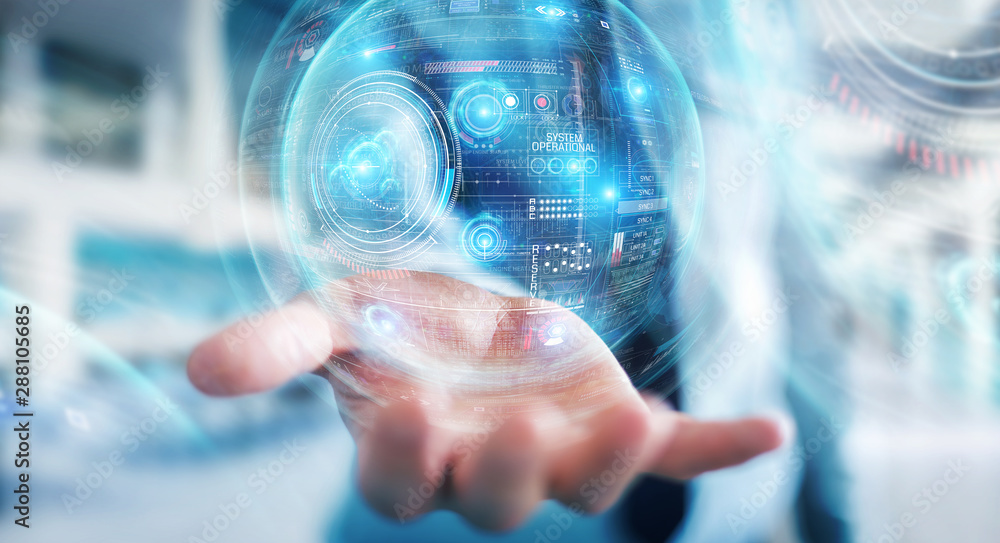 Poster Businessman using digital technological interface with datas 3D rendering