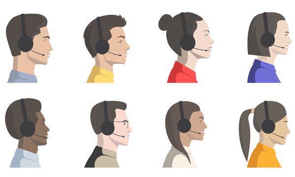 Set of vector illustrations with side view of a faces of a beautiful women and men talking on the phone in the office