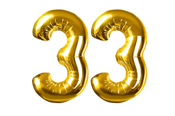 Happy 33 years old party with golden shiny inflatable balloons isolated on white