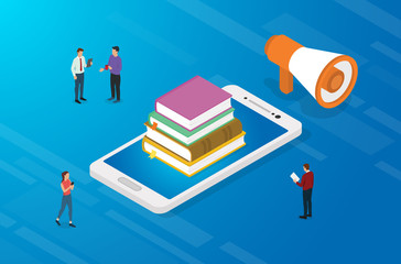 online education concept with books and smartphone apps with team people and isometric flat style - vector