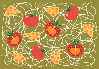 pattern with tomatoes, noodles and cheese