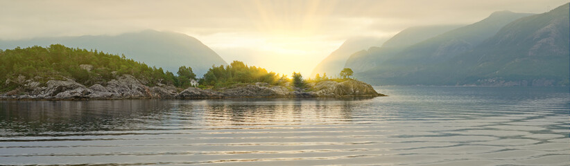 Fototapeta premium Norwegian fjords sunset sea mountain panoramic landscape, Norway
