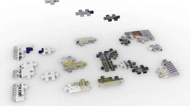 Animazione illustrazione 3D. Creazione puzzle cinque euro su sfondo bianco..