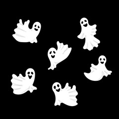 Set of white flying Ghosts isolated on black background. Creepy funny cute character. Halloween cartoon doodles. Design for greeting card, gift box, wallpaper, fabric. Vector Illustration.