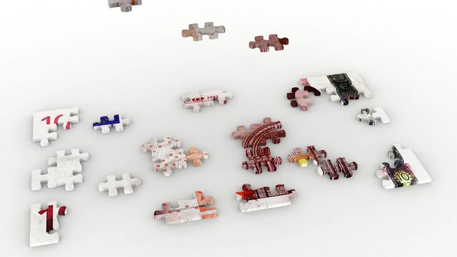 Animazione illustrazione 3D. Creazione puzzle  dieci  euro su sfondo bianco..