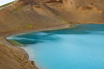 Viti crater in Krafla caldera, lake with emerald colored water, geothermal volcanic area, northern Iceland, Myvatn region. Iceland, Europe.