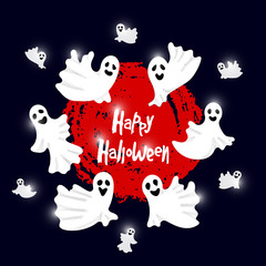 Happy Halloween party composition with dancing ghosts оn red and black background. Design for greeting card, banners, invitations. Trick or treat. Holiday concept. Vector Illustration.