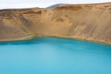Viti crater in Krafla caldera, lake with emerald colored water, geothermal volcanic area, northern Iceland, Myvatn region. Iceland, Europe.