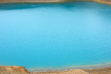 Viti crater in Krafla caldera, lake with emerald colored water, geothermal volcanic area, northern Iceland, Myvatn region. Iceland, Europe.