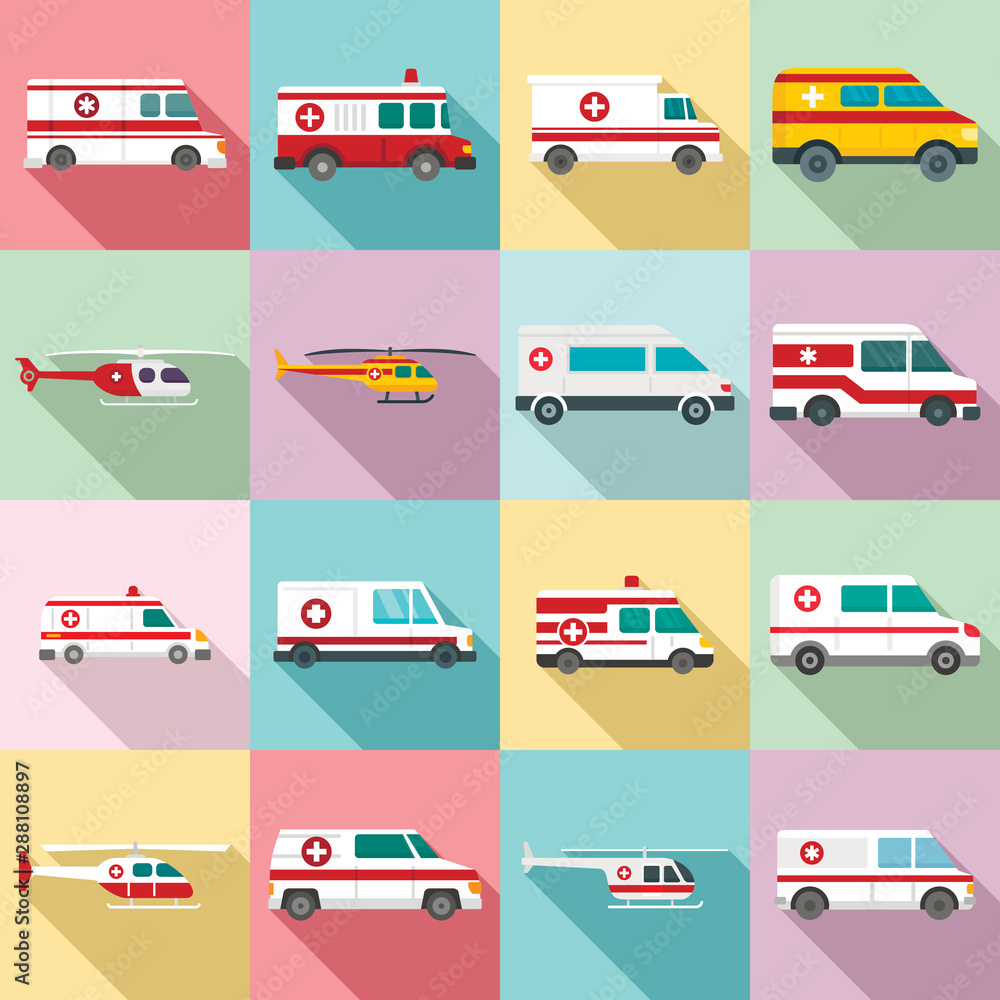 Poster ambulance icons set. flat set of ambulance vector icons for web design