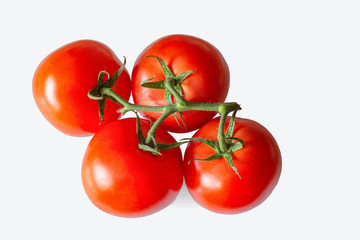 Appetizing tasty ripe red tomatoes on a green twig with leaves on a white background