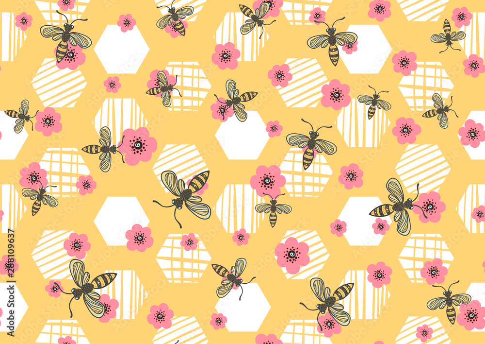 Wall mural seamless pattern with bees, honeycombs and flowers