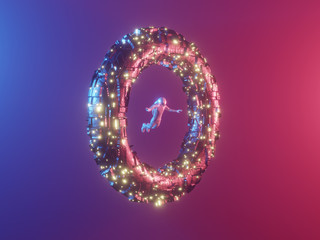 Cosmonaut flying through a luminous neon ring, portal. 3D rendering