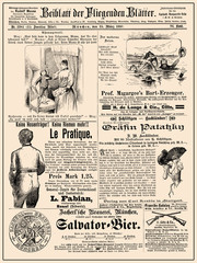 Commercial magazine advertising page in German with many promotion banners,vignettes and caricatures; dated 1891