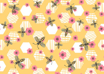 seamless pattern with bees, honeycombs and flowers