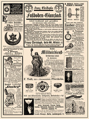 Fototapeta na wymiar Commercial magazine advertising page in German with many promotion banners,vignettes and caricatures; dated 1891