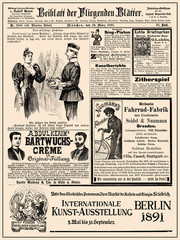 Obraz na płótnie Canvas Commercial magazine advertising page in German with many promotion banners,vignettes and caricatures; dated 1891