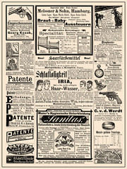 Commercial magazine advertising page in German with many promotion banners,vignettes and caricatures; dated 1891