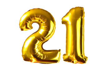 Happy 21 years old party with golden shiny inflatable balloons isolated on white - obrazy, fototapety, plakaty