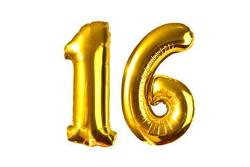 Happy 16 years old party with golden shiny inflatable balloons isolated on white - obrazy, fototapety, plakaty