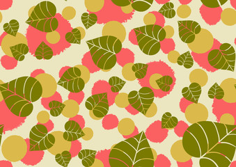 color seamless pattern with leaves and dots