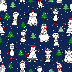 Seamless pattern with child, deer,cat and snowmen christmas. New Year. Vector illustration. Print for fabric.