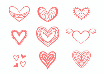 set of hearts on white background, hand-drawn