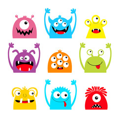 Happy Halloween. Monster icon set. Colorful silhouette head face. Eyes, tongue, tooth fang, hands up. Cute cartoon kawaii scary funny baby character. White background. Flat design.