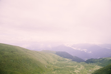 Foggy landscape near Blyznytsya mountain in the Carpathian mountains