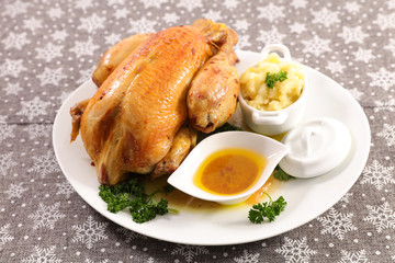 roasted chicken with mashed potato and sauce- festive dish
