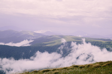 Foggy landscape near Blyznytsya mountain in the Carpathian mountains