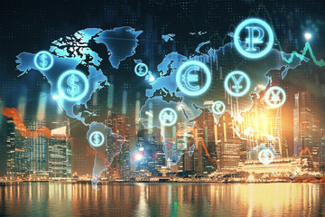 Financial chart on city scape with tall buildings background multi exposure. Analysis concept.