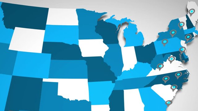 Animated East Coast Locations Popping up Before Revealing the USA Map