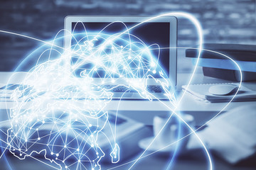 Multi exposure of business theme icons and table with computer background. Concept of success.