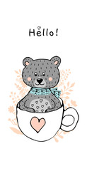 Cute hand drawn bear with hearts seat in the cup. post cards, t-shirts, kids posters. Cartoon vector illustration Scandinavian print for pillows, baby rug or blanket. Modern style poster or home decor