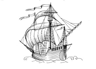 Old caravel, vintage sailboat. Hand drawn sketch. Detail of the old geographical or fanasy maps of sea.