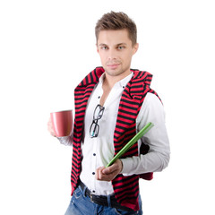 Young attractive student. Tablet and study.