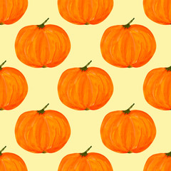 pumpkin seamless pattern, orange watercolor pumpkins symmetrically on a yellow background, autumn print for halloween decor, fabric, textile.
