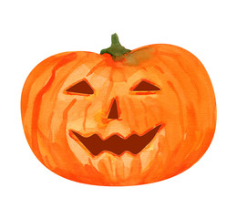 pumpkin halloween symbol isolated on a white background, watercolor pumpkin with eyes and a smile.