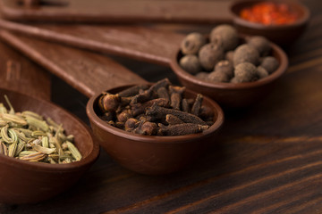 Set of spices - black pepper peas, clove, hot red pepper and exotic spice at the  measuring spoons. dark wood background 