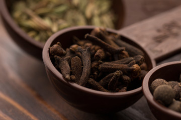 Cloves and spices in  measuring spoons Close-Up