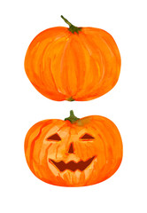set of pumpkins, halloween symbols isolated on a white background. Watercolor ripe pumpkin and pumpkin with eyes and a smile.